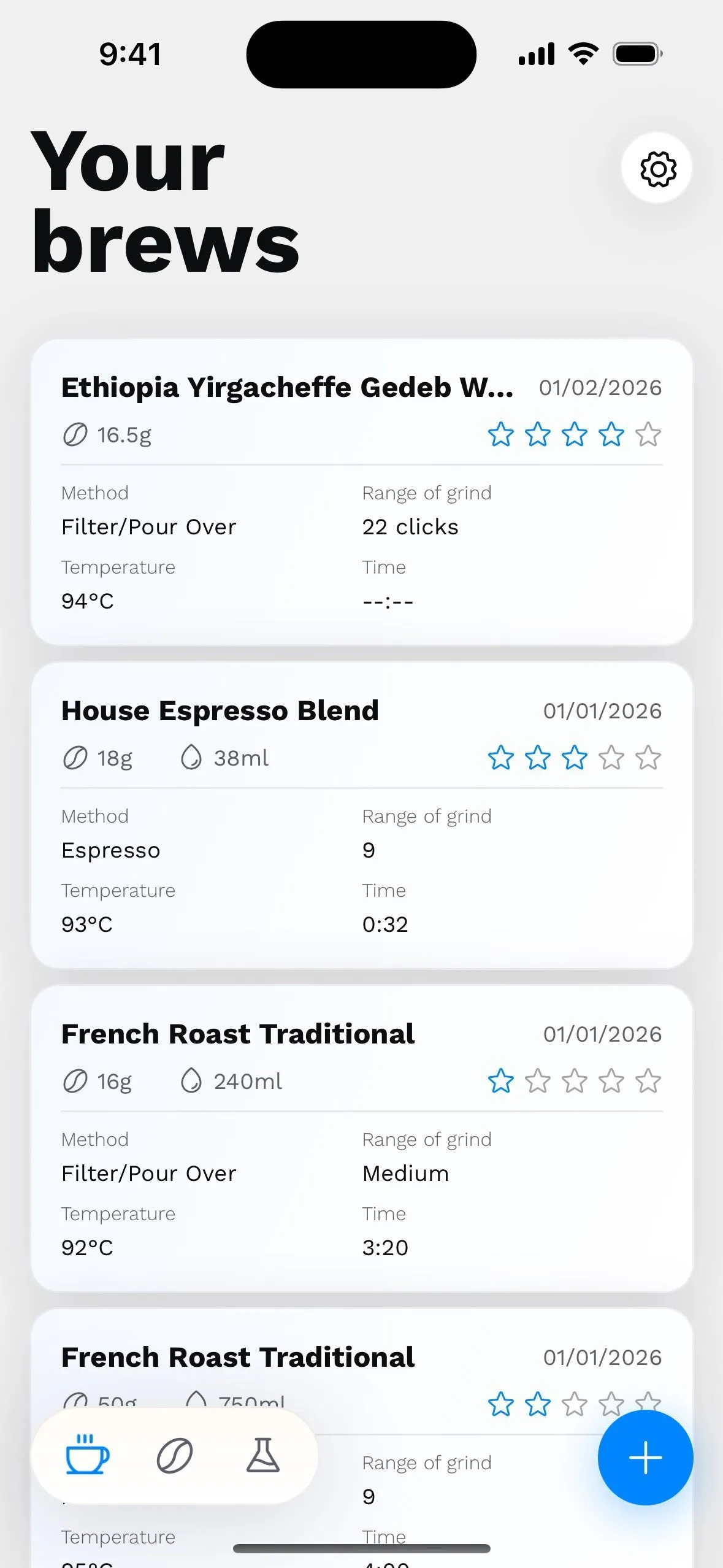 Beanwise app showing coffee brew log on iPhone