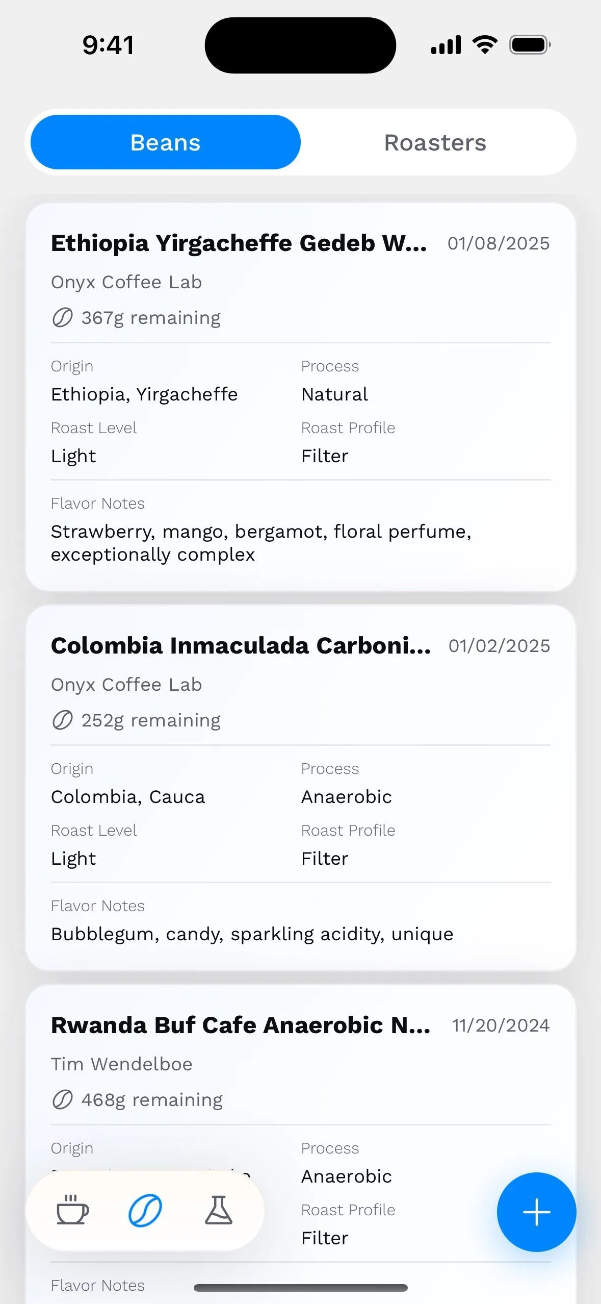 Personal bean library with roaster and tasting notes