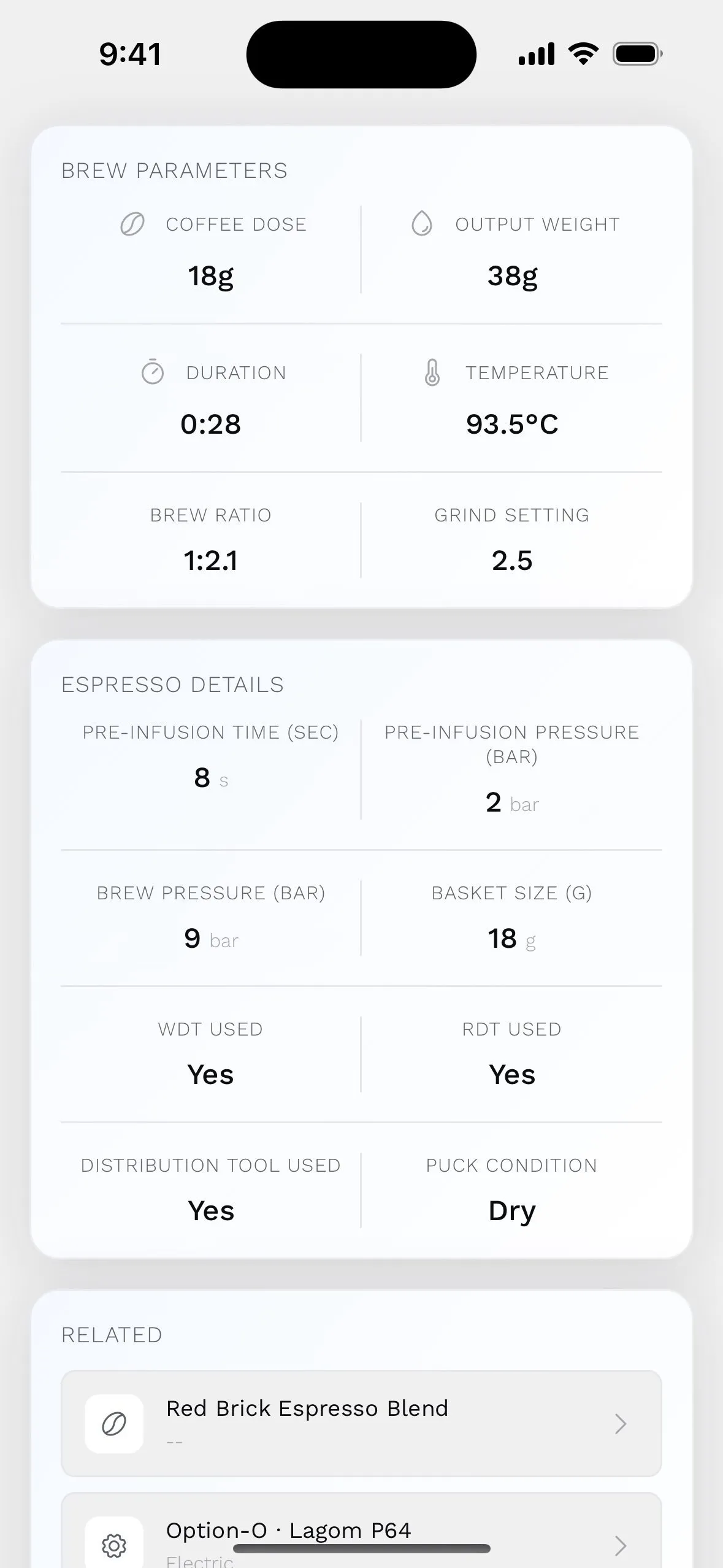 Coffee brewing recipe details screen showing grind size and timing