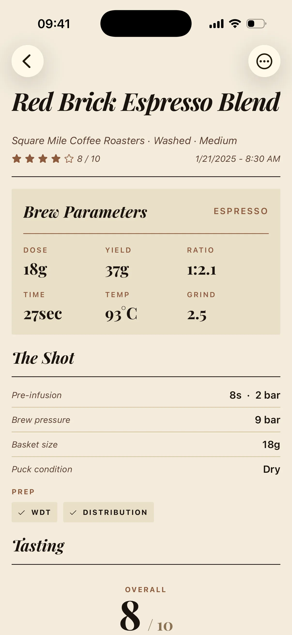 Coffee brewing recipe details screen showing grind size and timing