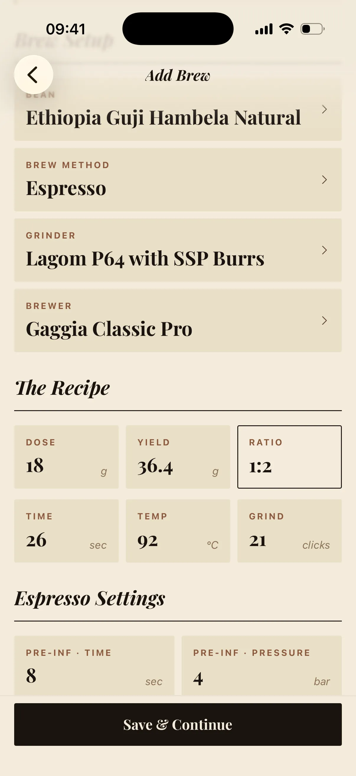 Coffee brewing recipe details screen showing grind size and timing
