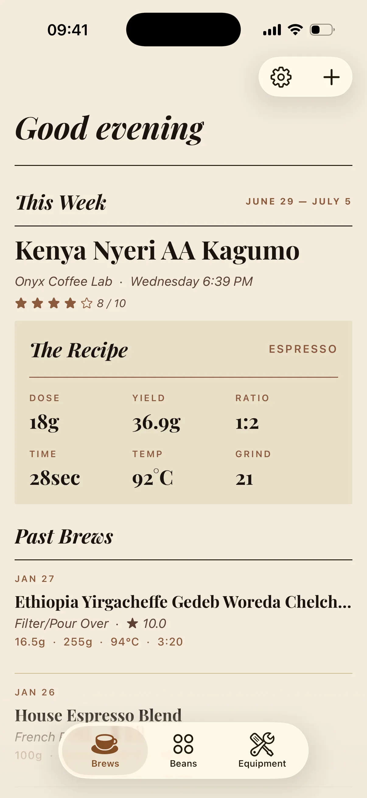 Beanwise app showing coffee brew log on iPhone