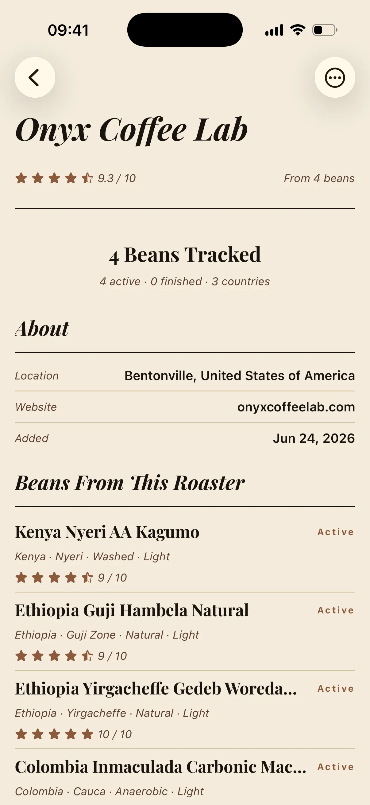 Personal bean library with roaster and tasting notes